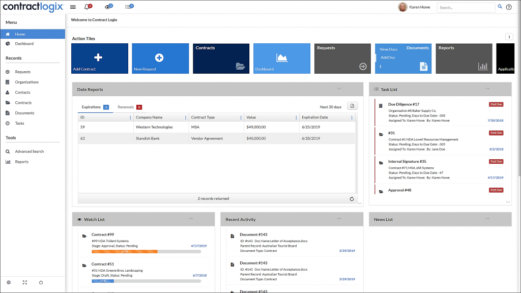 Centralized contract management dashboard based on role definition and team collaboration