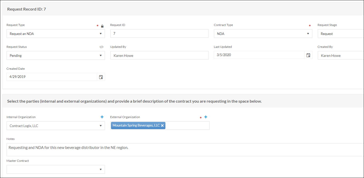 Automating contract request and intake with an online request form