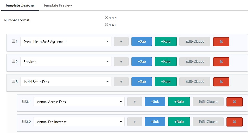 Image of the template designer available in Contract Logix with numbering format and different types of clauses