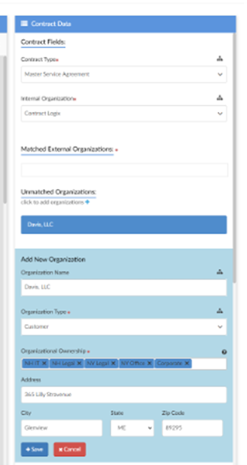 Contract type, names, dates, terms, values, and more are auto populated in Contract Logix