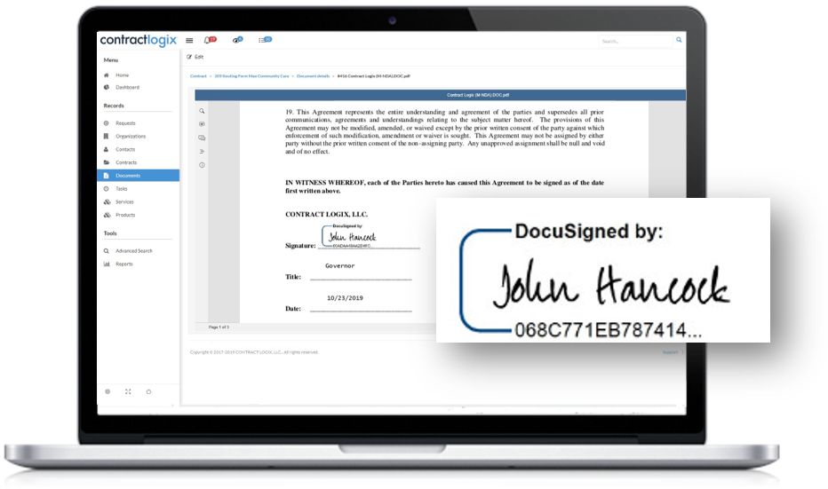 Electronic signatures integrated into Contract Logix’s CMS