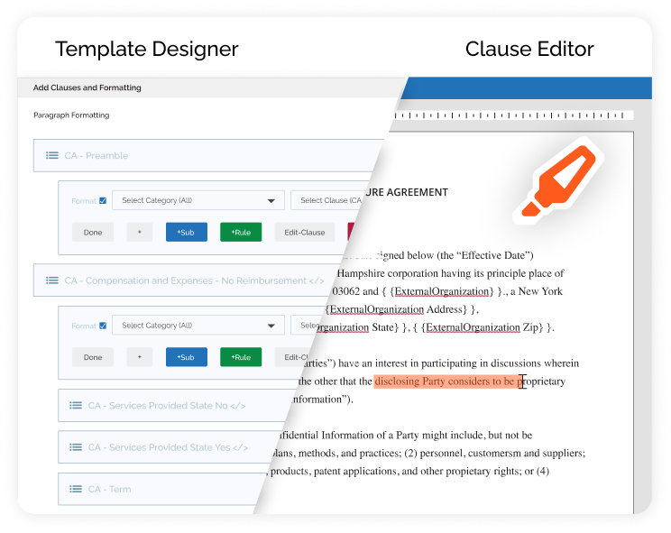 contract template designer and clause editor