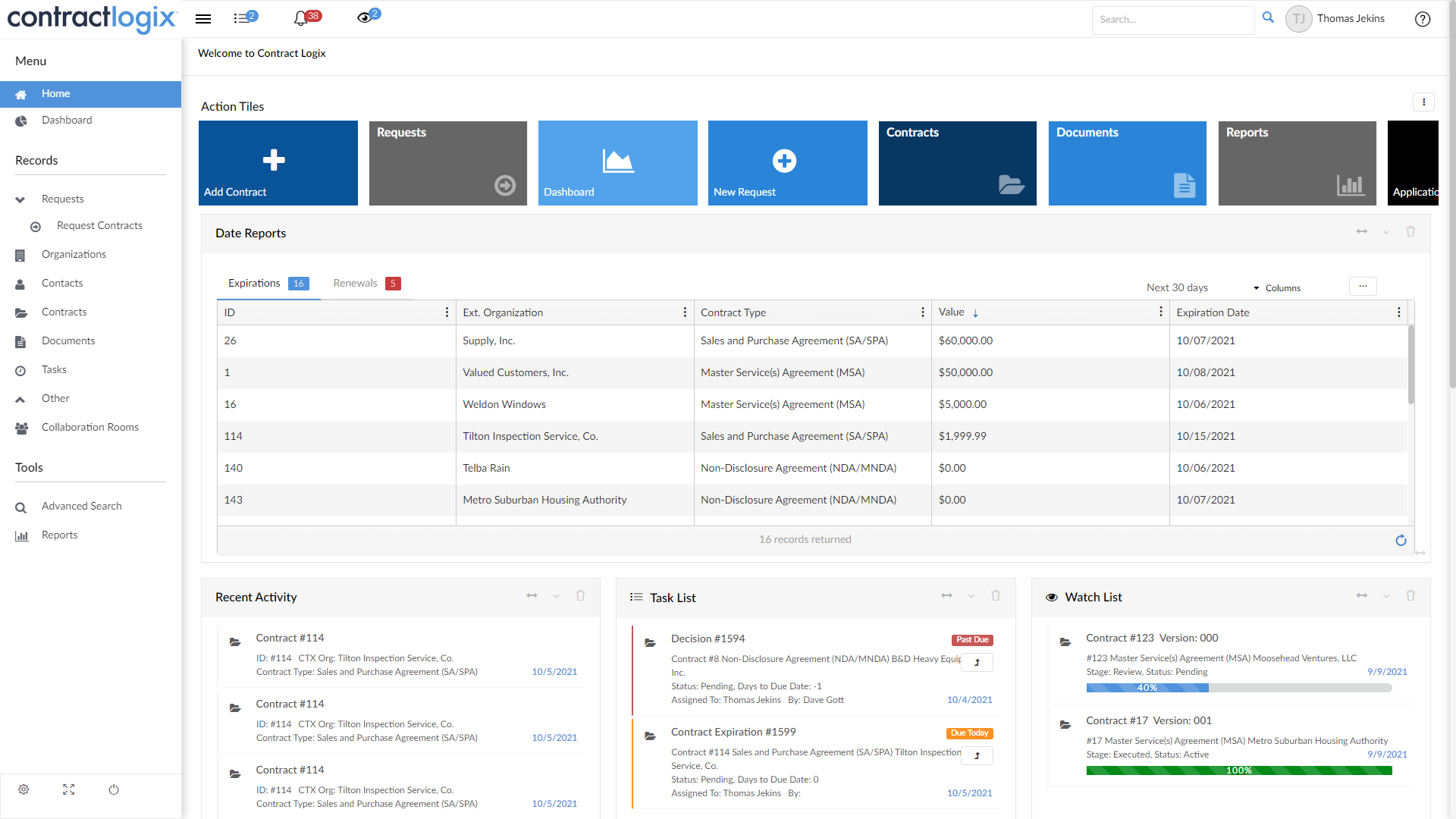 Centralized contract repository dashboard in contract management software.