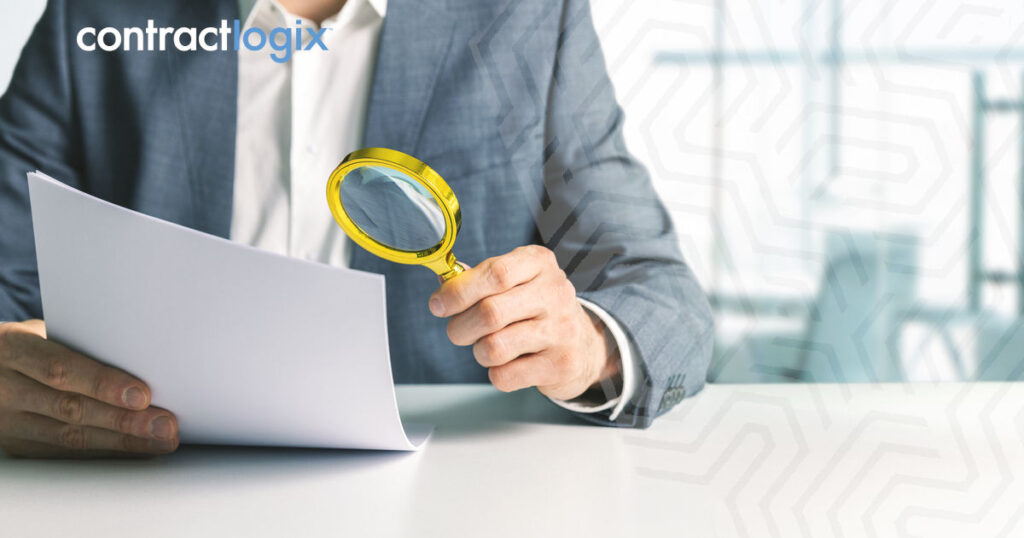 Businessperson conducting contract review with a magnifying glass.