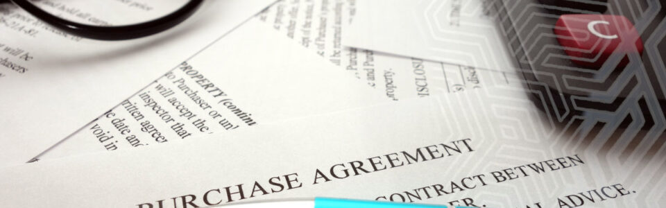 A pen poised over a purchase agreement document.