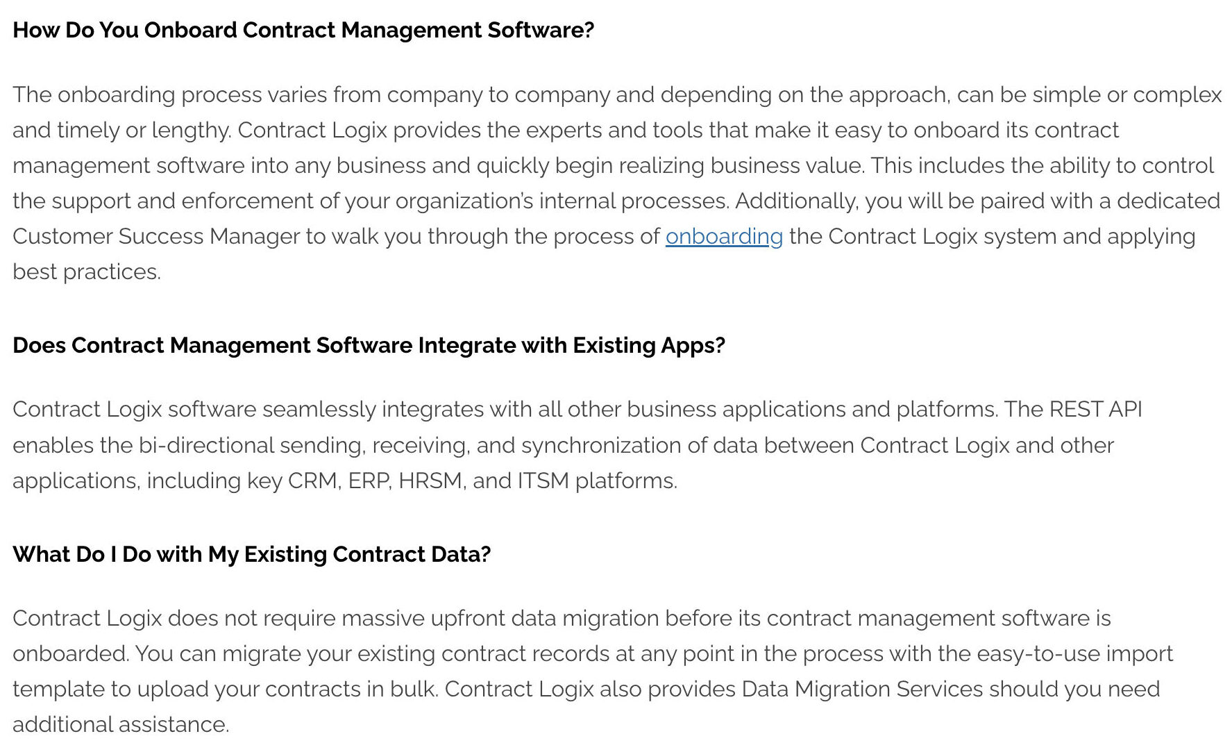 Example of FAQs for contract management software.