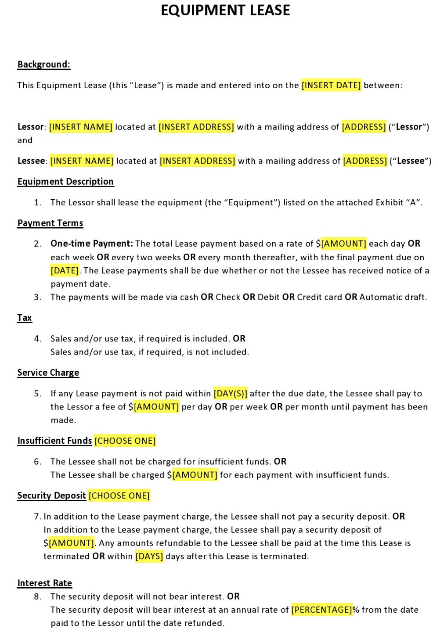 Example of a medical equipment lease agreement.