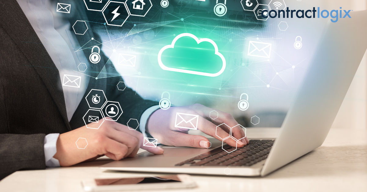 hands working on laptop and using AI contract review software with modern technology concept