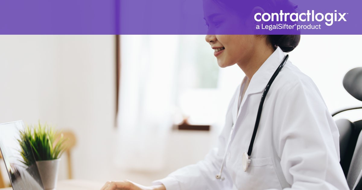 female healthcare professional using computer for contract management in healthcare