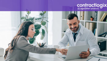 person pointing at laptop with benefits of Contract Lifecycle Management Software for Healthcare