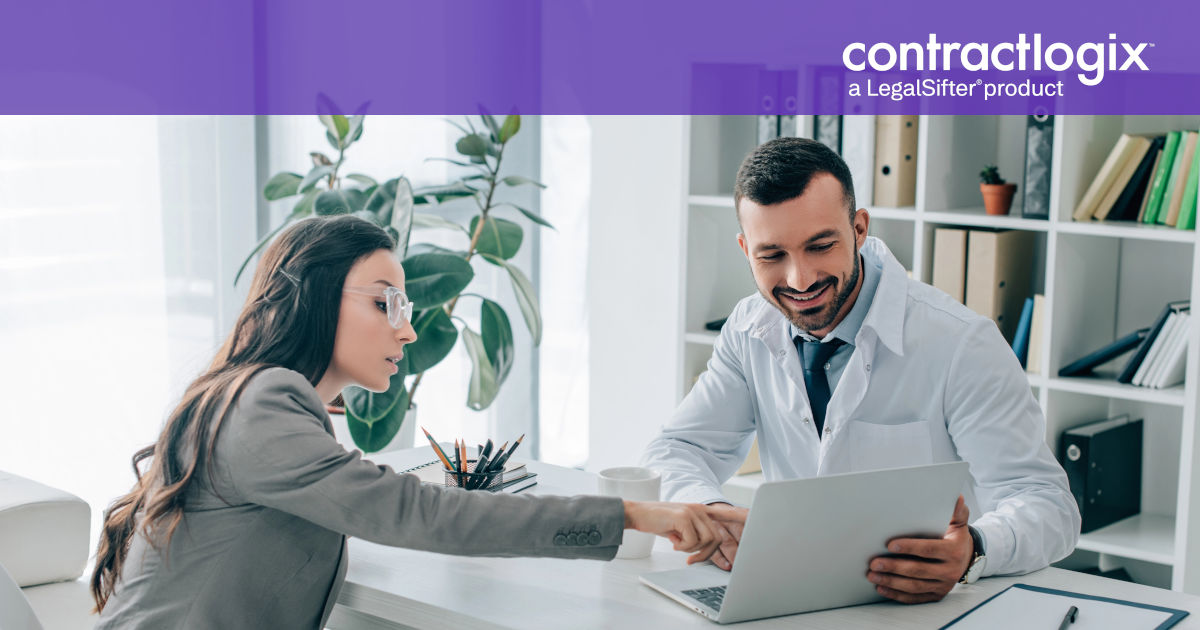 person pointing at laptop with benefits of Contract Lifecycle Management Software for Healthcare