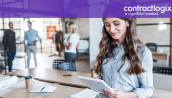 smiling young businesswoman using digital tablet to discover How CLM Platforms Ensure Business Continuity