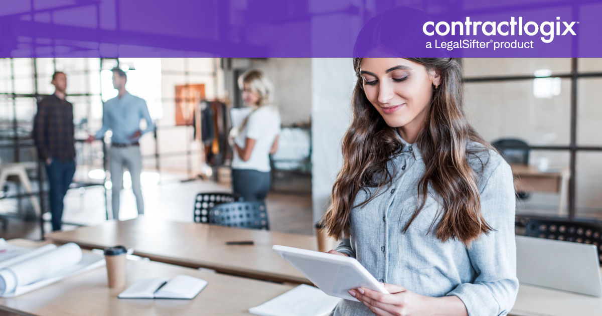 smiling young businesswoman using digital tablet to discover How CLM Platforms Ensure Business Continuity