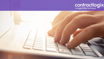Man’s hands typing on laptop keyboard to learn about contract management software for mid-market