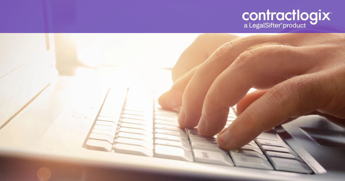 Man’s hands typing on laptop keyboard to learn about contract management software for mid-market
