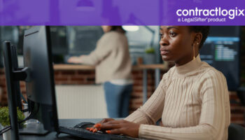 female businesswoman sits at desktop computer and learns about contract management consulting services