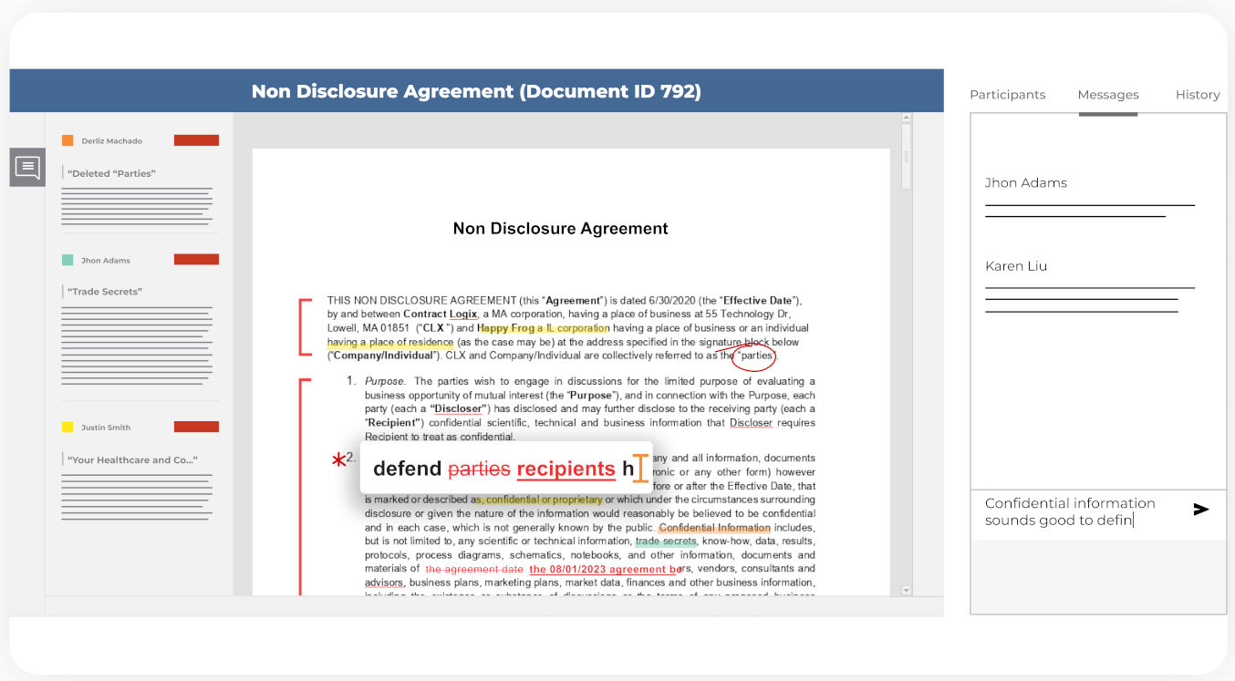 Screenshot of a redlined NDA with markup and collaborative comments, showing Contract Logix’s contract analysis interface