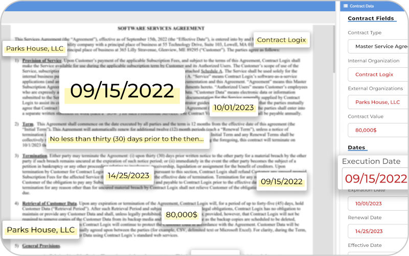 Screenshot of a contract management system highlighting extracted contract fields, including party names, dates, contract value, and renewal terms, displayed alongside the original agreement