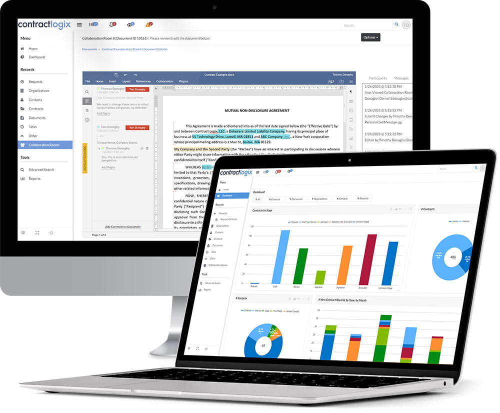 Contract Logix platform on desktop and laptop screens showing contracts and dashboards used for contract maintenance services.