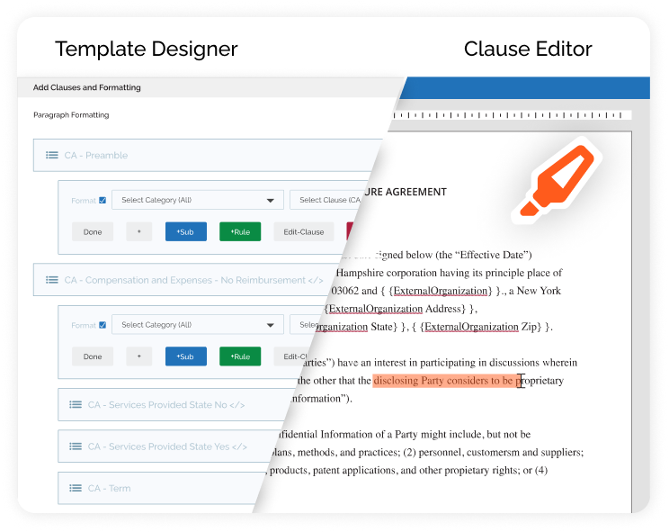 Screenshot of a contract management system showing a Template Designer with clause options on the left and a Clause Editor with highlighted contract text on the right.