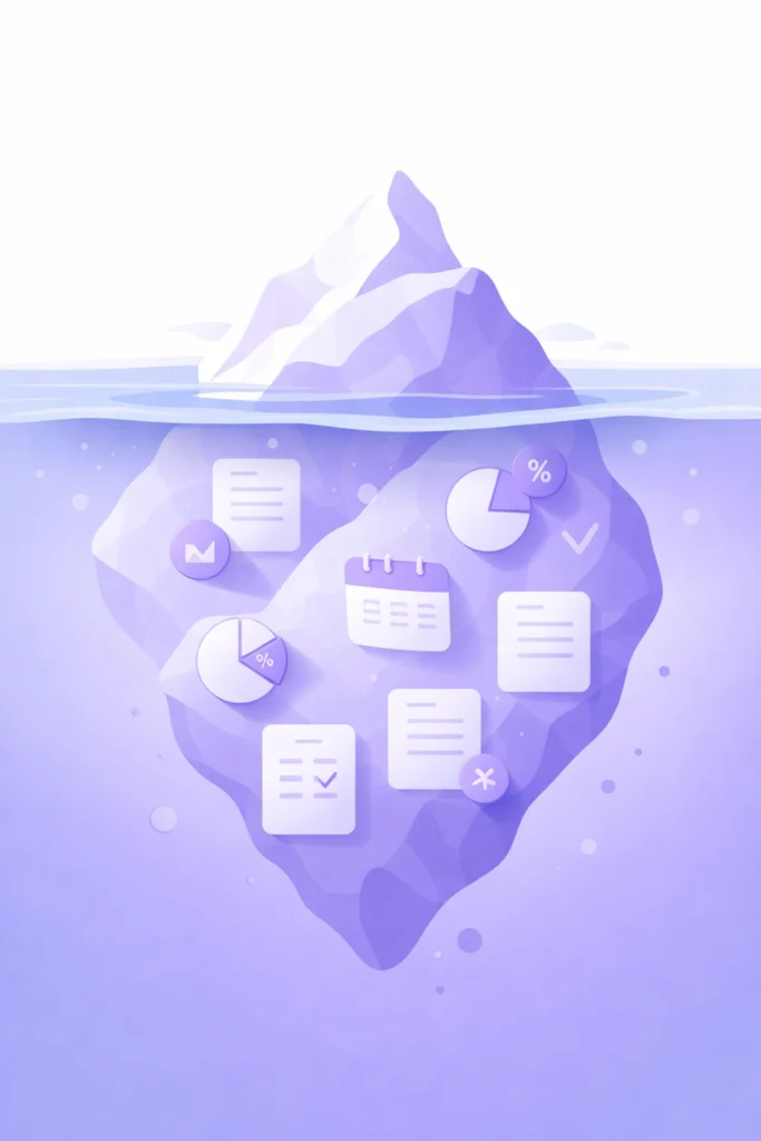 Iceberg of hidden contract obligations beneath the surface, illustrating post-signature contract risk