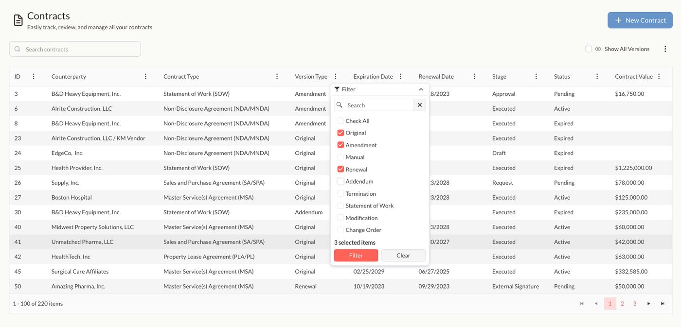 Amendments and versions connected in Contract Binders in Contract Logix.