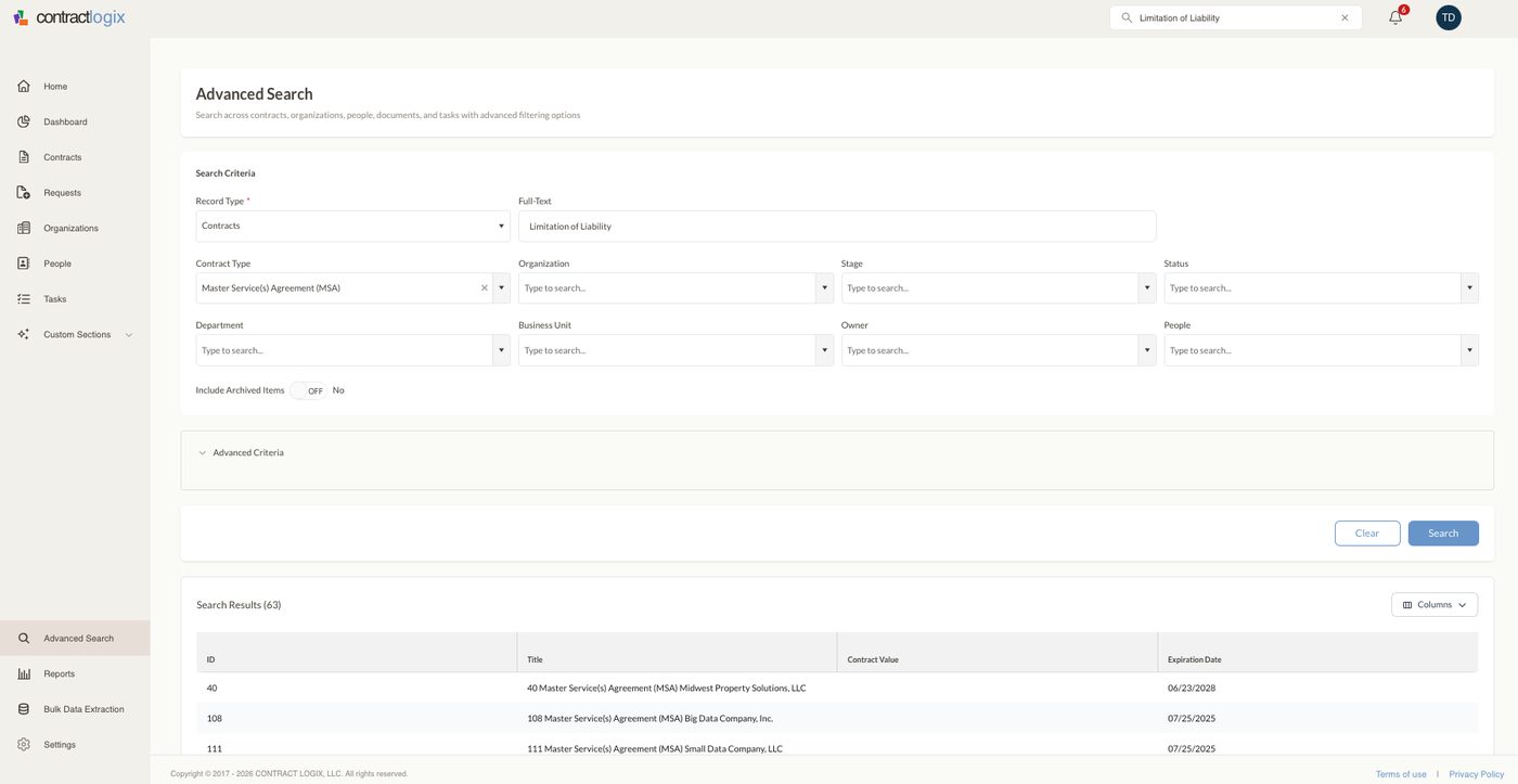 Advanced contract search in Contract Logix.