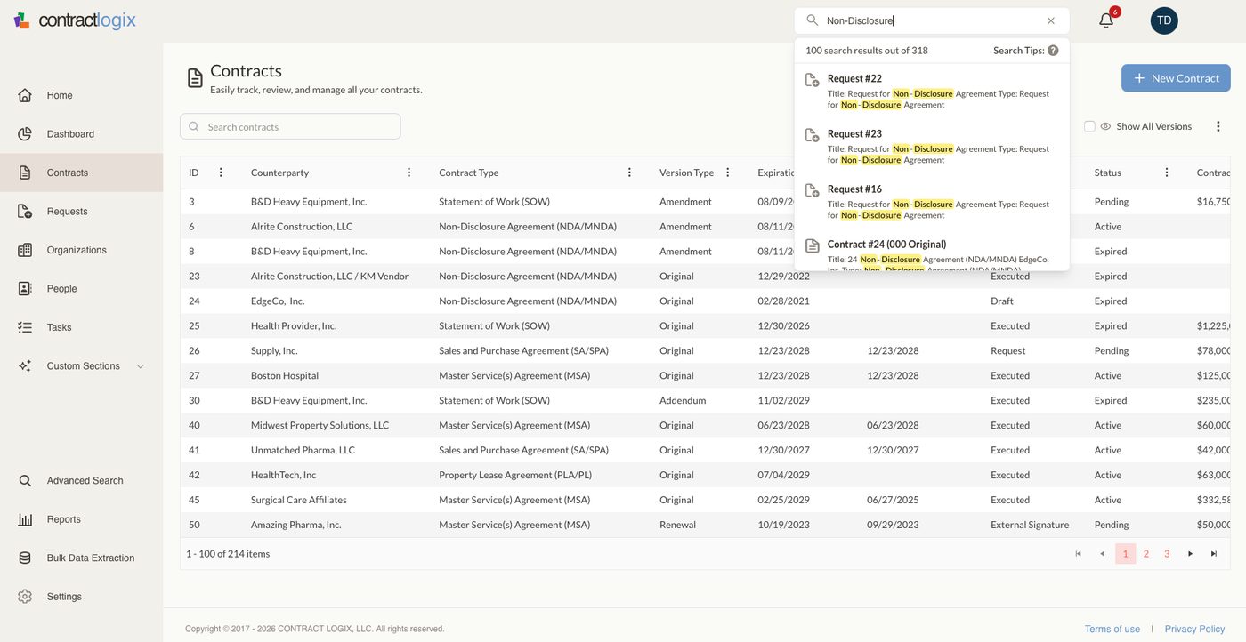 Full-text search across the contract archive in Contract Logix.