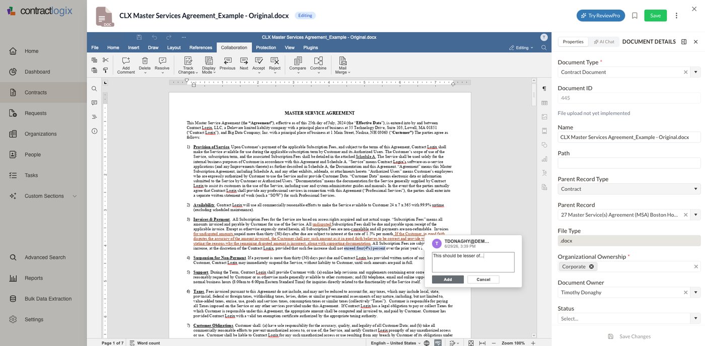 Collaboration Room: commenting and marking up a contract with collaborators in real time