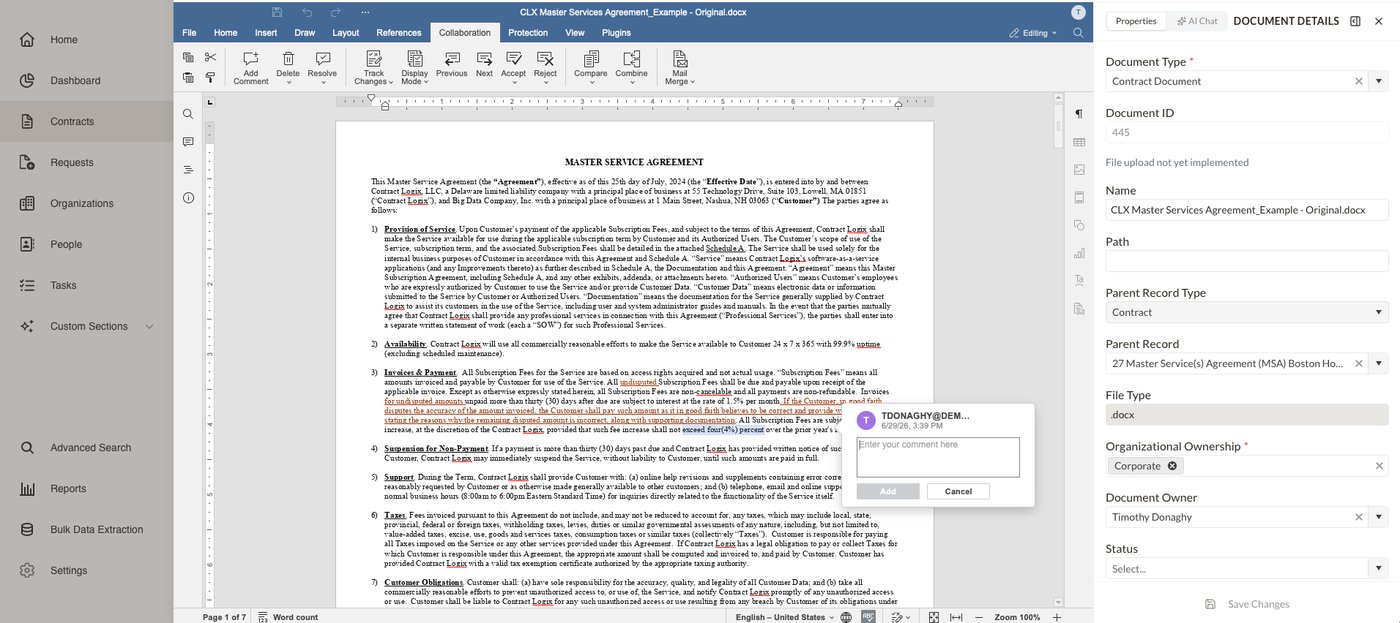 An assembled contract draft open in Contract Logix with document details and mail-merge, ready to edit