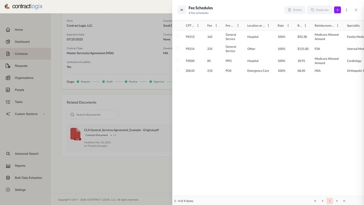Fee schedule Custom Data Object: CPT code, fee, reimbursement basis, and specialty per row