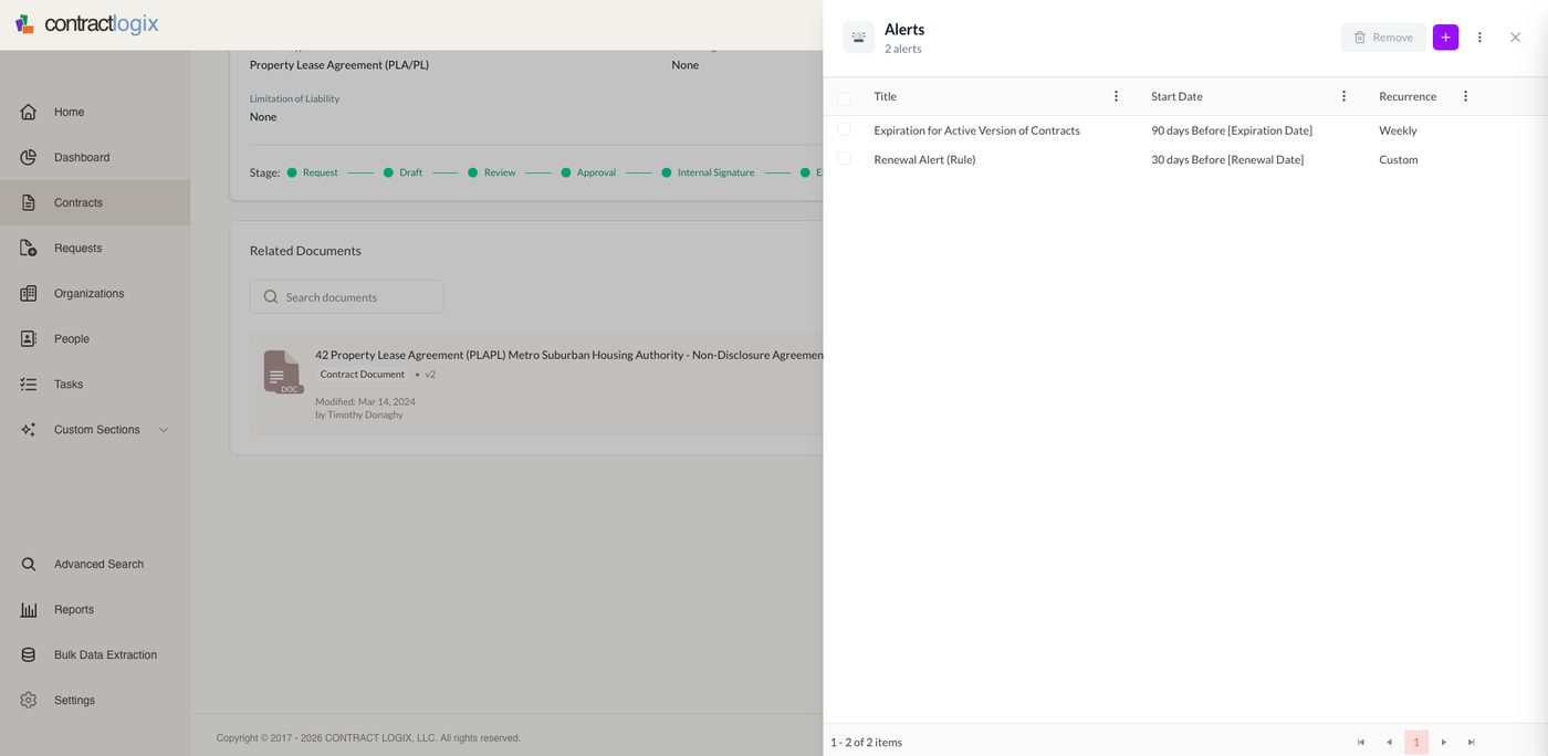 Automatic date monitoring on a finalized contract in Contract Logix.