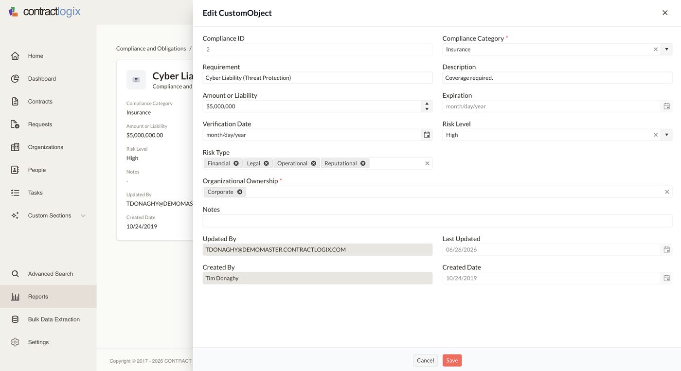 Compliance and obligations tracking in Contract Logix.