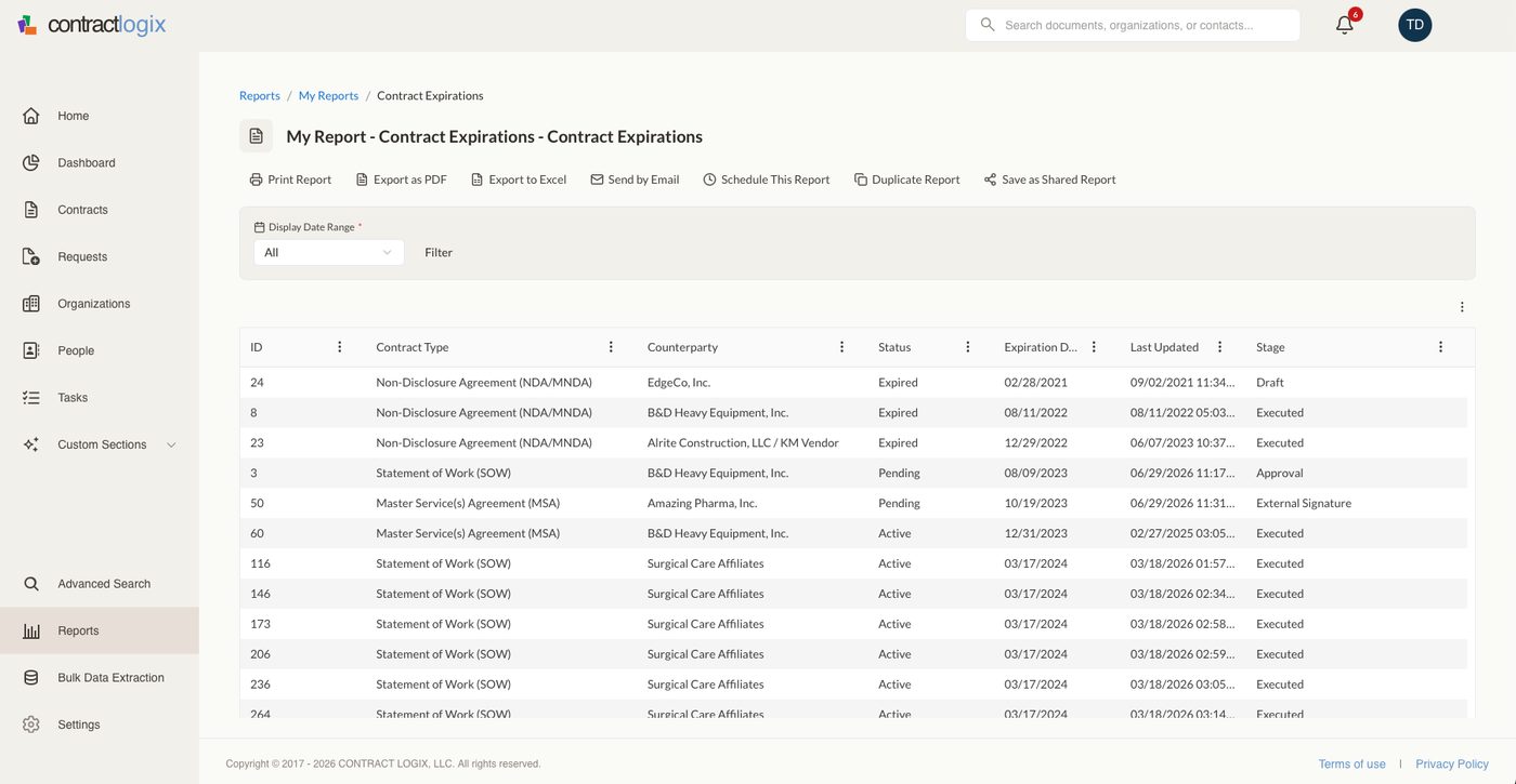 Contract expirations and renewal report in Contract Logix.