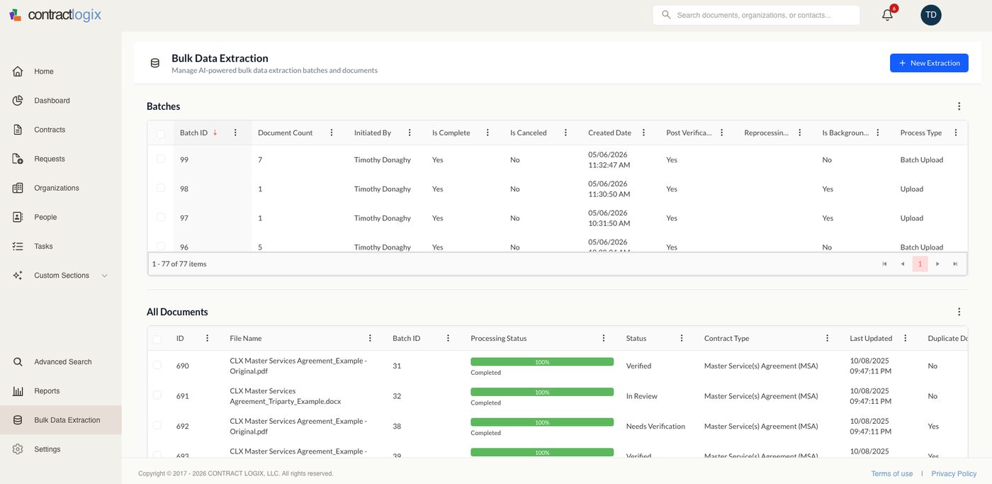 AI Data Extraction (AIDE) main view in Contract Logix