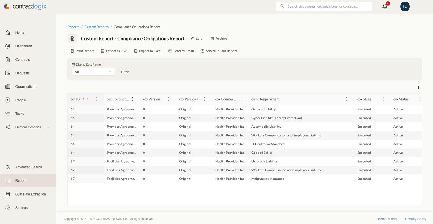 A custom contract report built in Contract Logix.