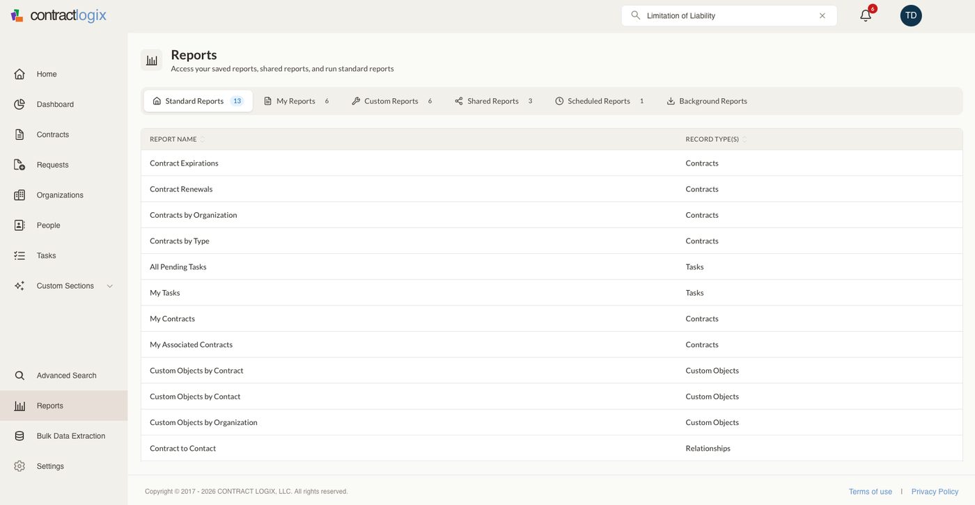 Standard and custom contract reports in Contract Logix.