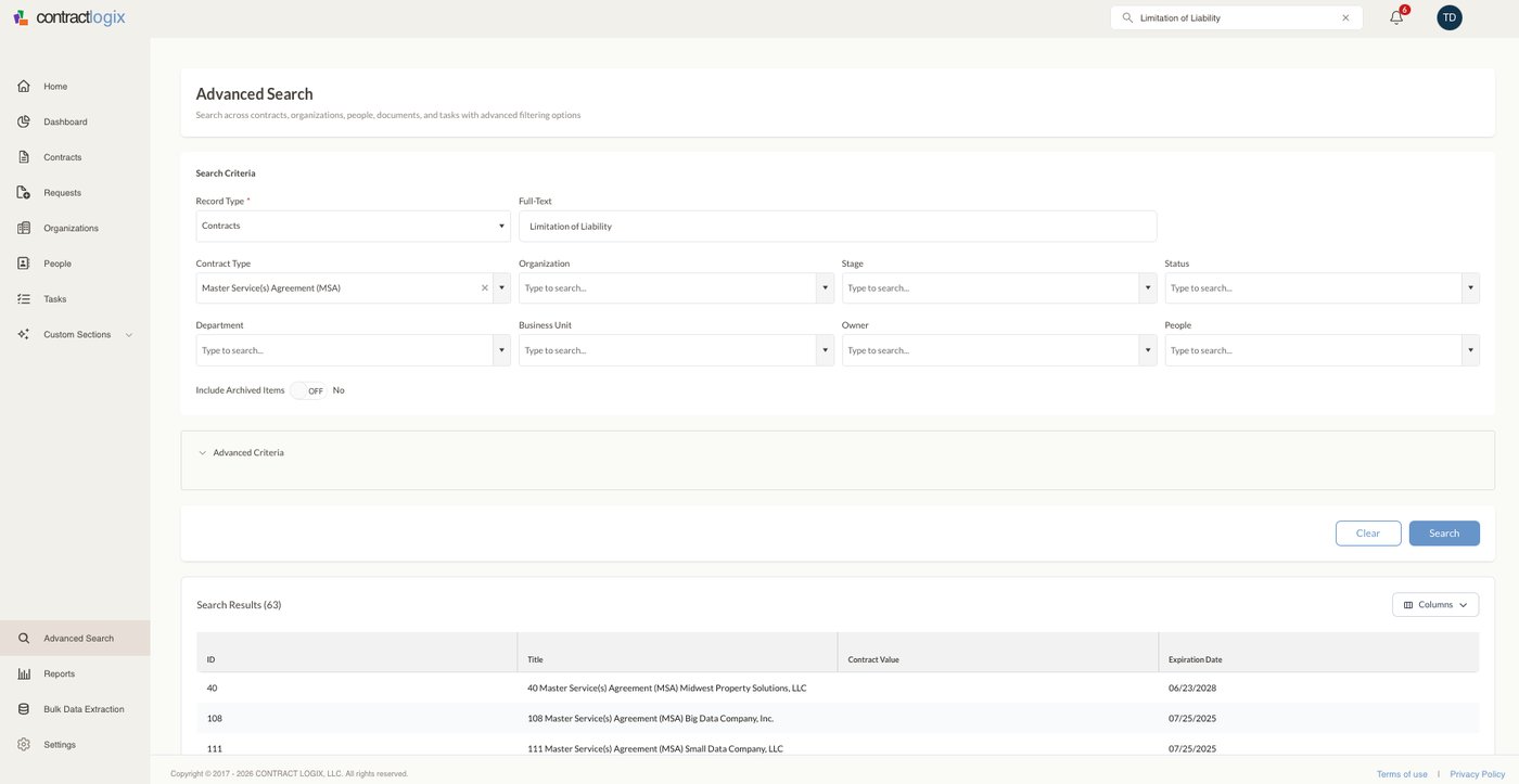 Contract Logix Advanced Search: filtering the contract portfolio by type, organization, stage, and status