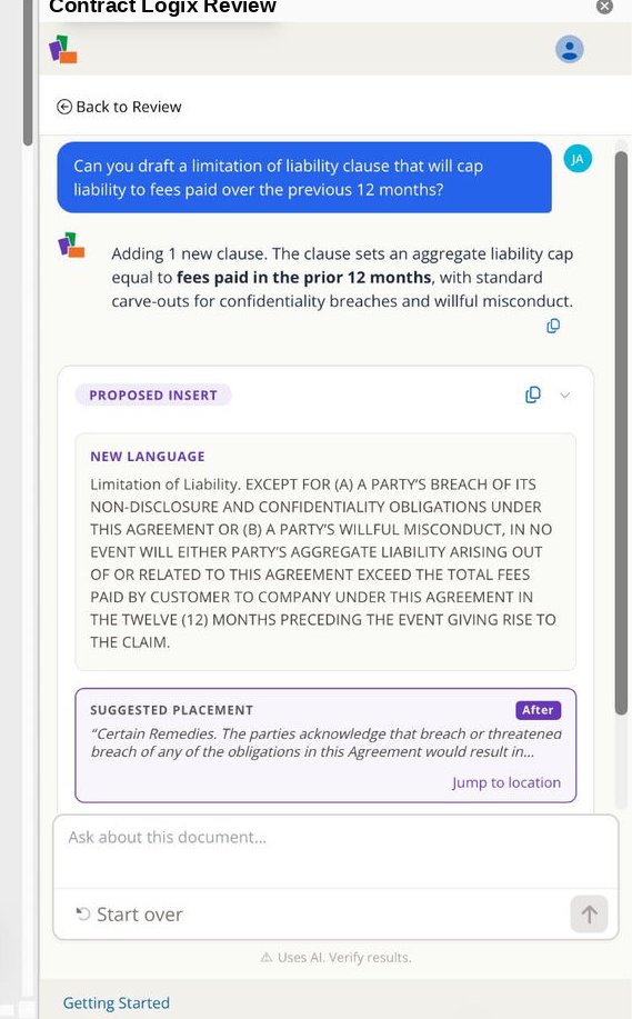 The Contract Logix Review Assistant add-in panel answering a question with playbook-grounded suggested language