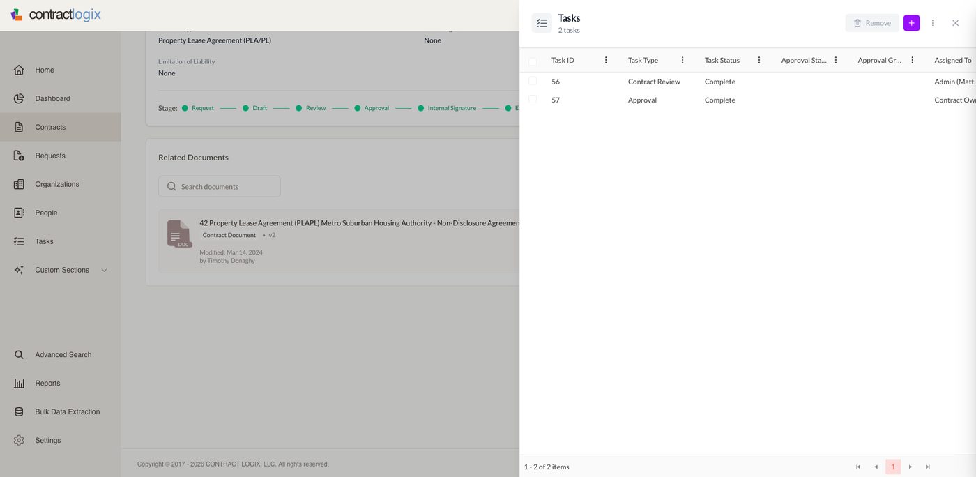 Approvals tracked on the contract record in Contract Logix.