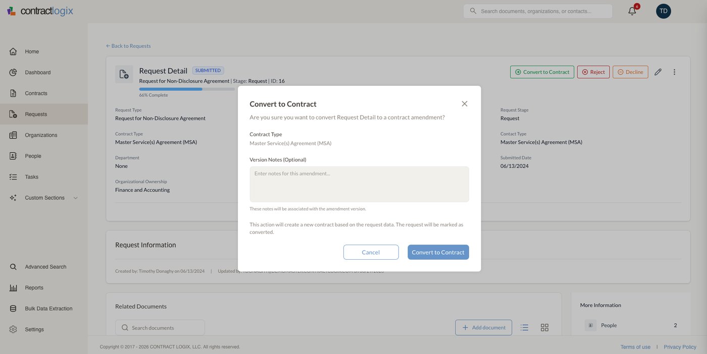 Approving, converting, or declining a submitted request as part of a controlled workflow