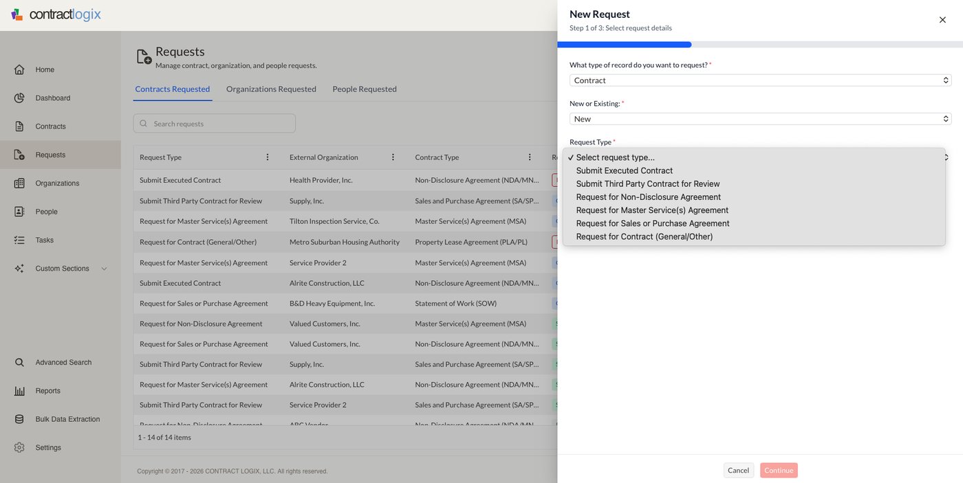 Contract Logix Requests: submitting a new contract request through a guided, structured intake